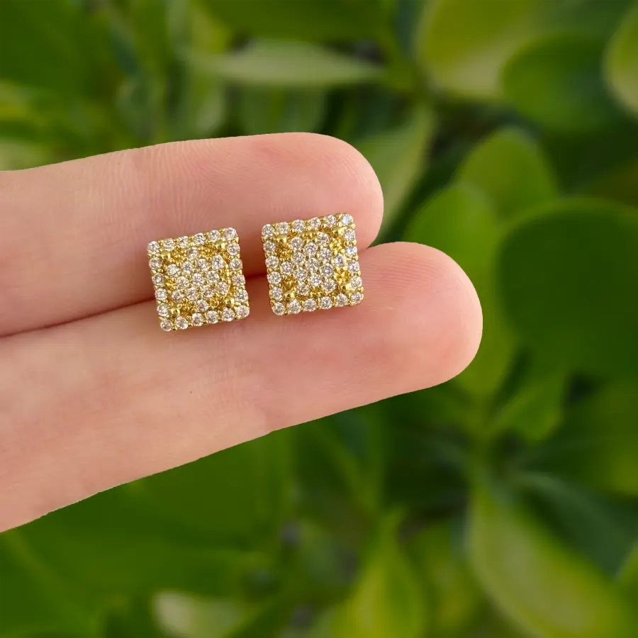 Aretes Cuadro Dorado con Zirconias Chapa de Oro