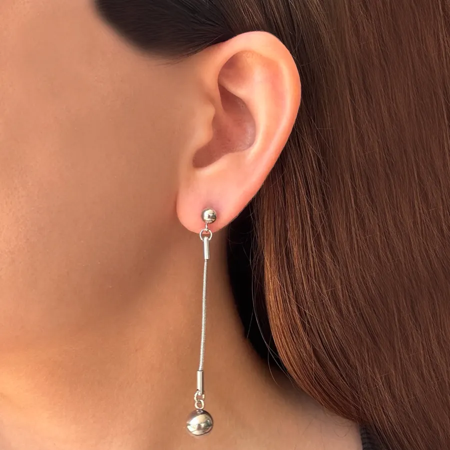 Aretes  Plateado Largo Bolita  Acero de Titanio