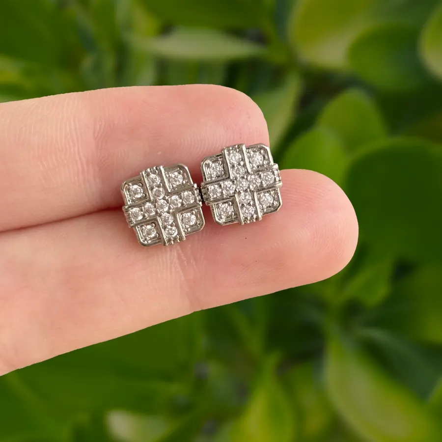 Aretes Plateados Cruz con Zirconias Chapa de Oro