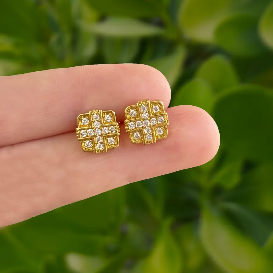 Aretes Dorados Cruz con Zirconias Chapa de Oro