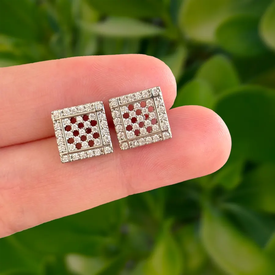 Aretes Plateados Cuadro con Zirconias Chapa de Oro