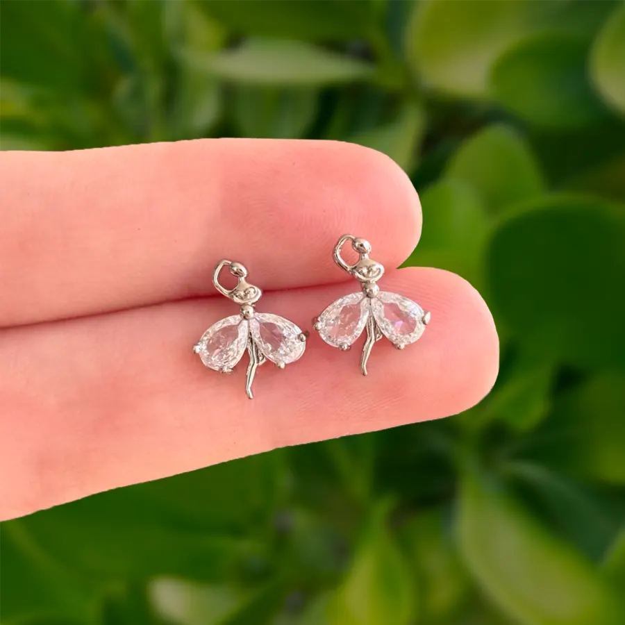 Aretes Plateados de Bailarina con Zirconias Chapa de Oro