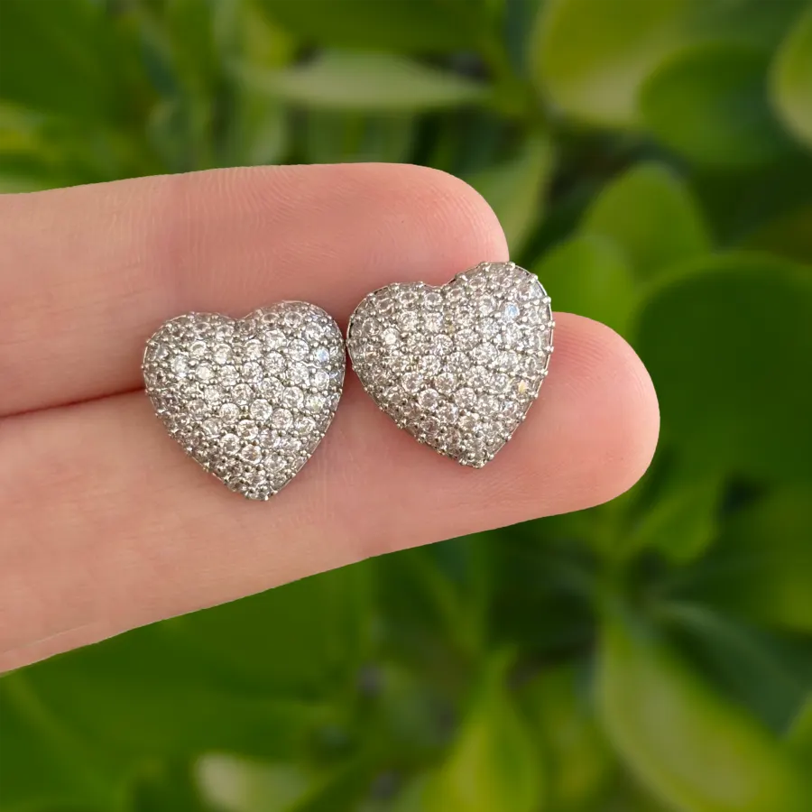 Aretes Plateados de Corazon con Zirconias Chapa de Oro