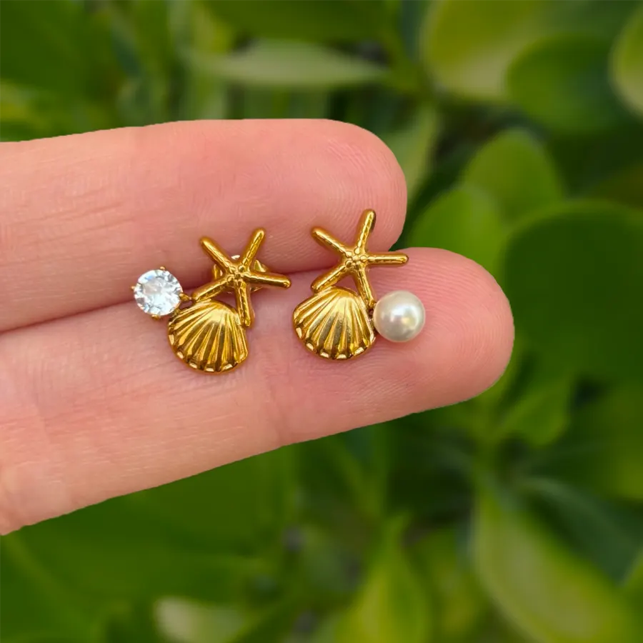 Aretes Dorados Estrella Concha Irregular Acero Inoxidable