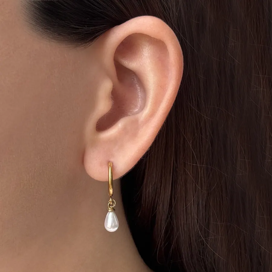 Aretes Dorados Gota de Perla  Acero Inoxidable