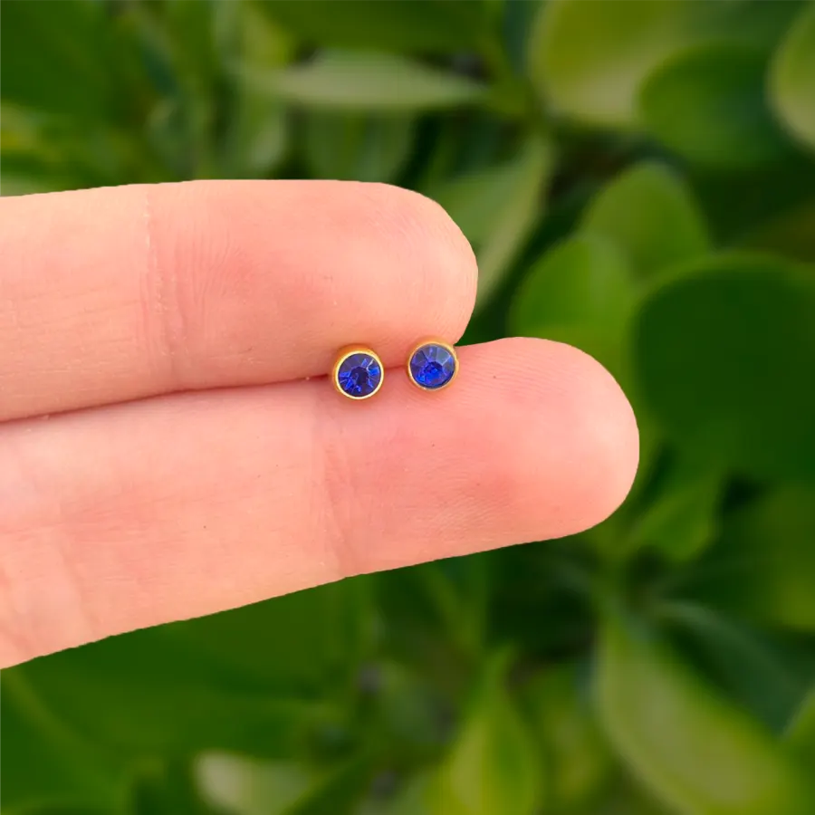 Aretes Dorados Mini Zirconia Azul Acero Inoxidable