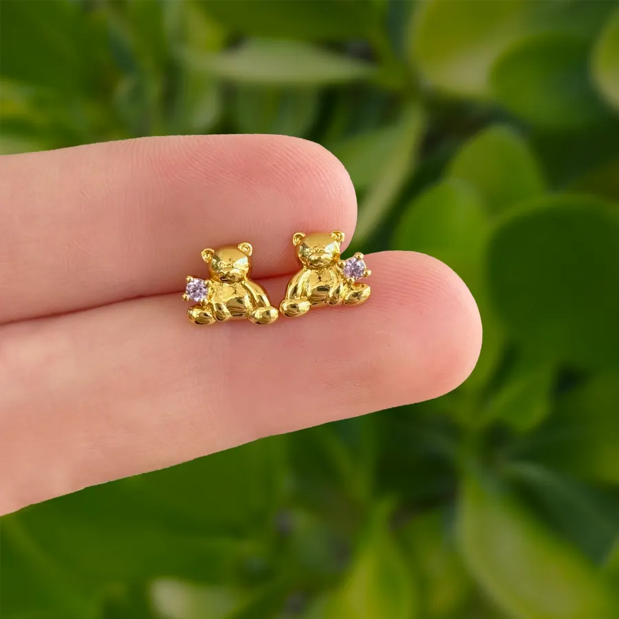 Aretes Dorados Osito con Zirconia Lila Chapa de Oro