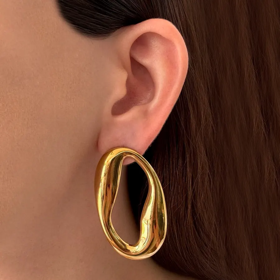Aretes Dorados Ovalo Irregular Acero Inoxidable