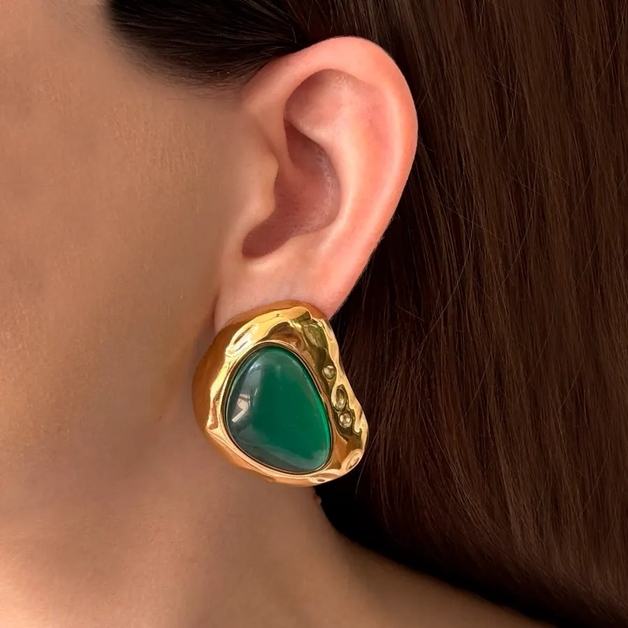 Aretes Dorados Verdes Grandes Acero Inoxidable