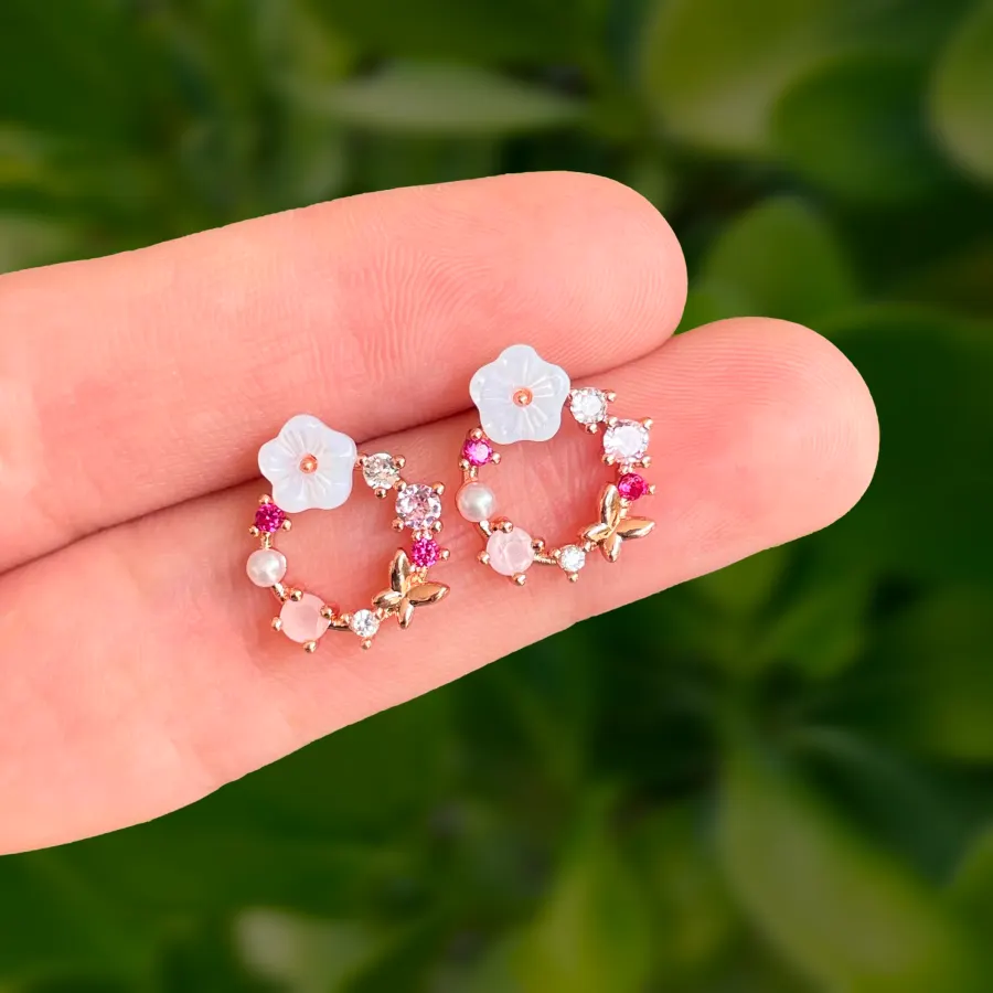 Aretes Mini Aro Flor Oro Rosa Chapa de Oro