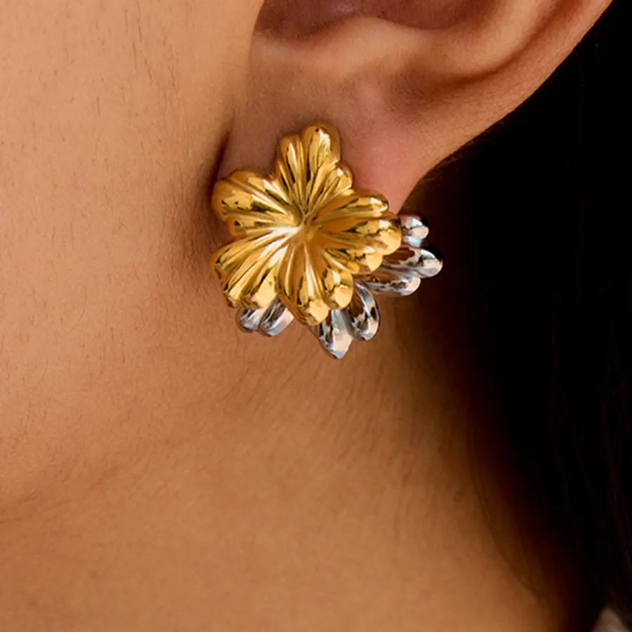 Aretes Oro-Plata Flor Doble Acero Inoxidable