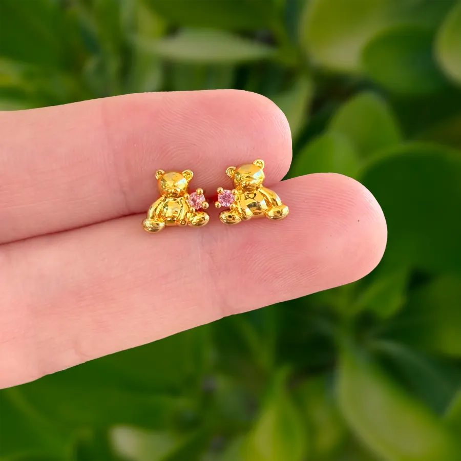Aretes Dorados Oso con Zirconia Rosa Chapa de Oro