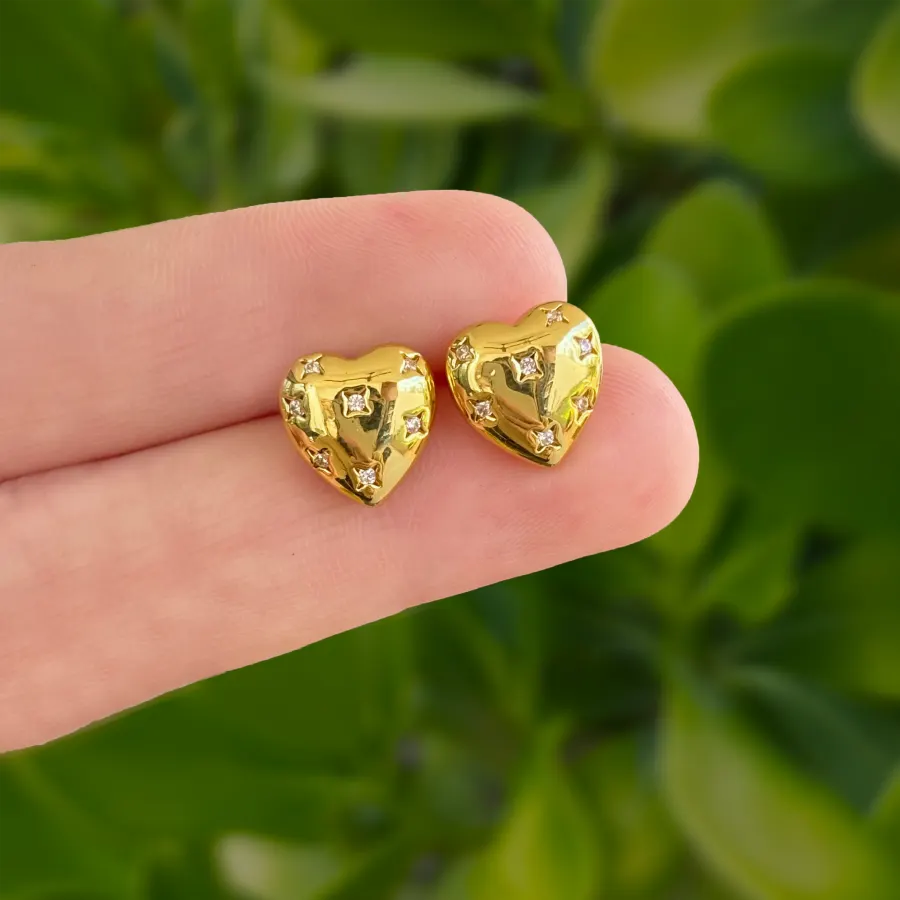 Aretes Dorados Corazon Con Zirconias Chapa de Oro
