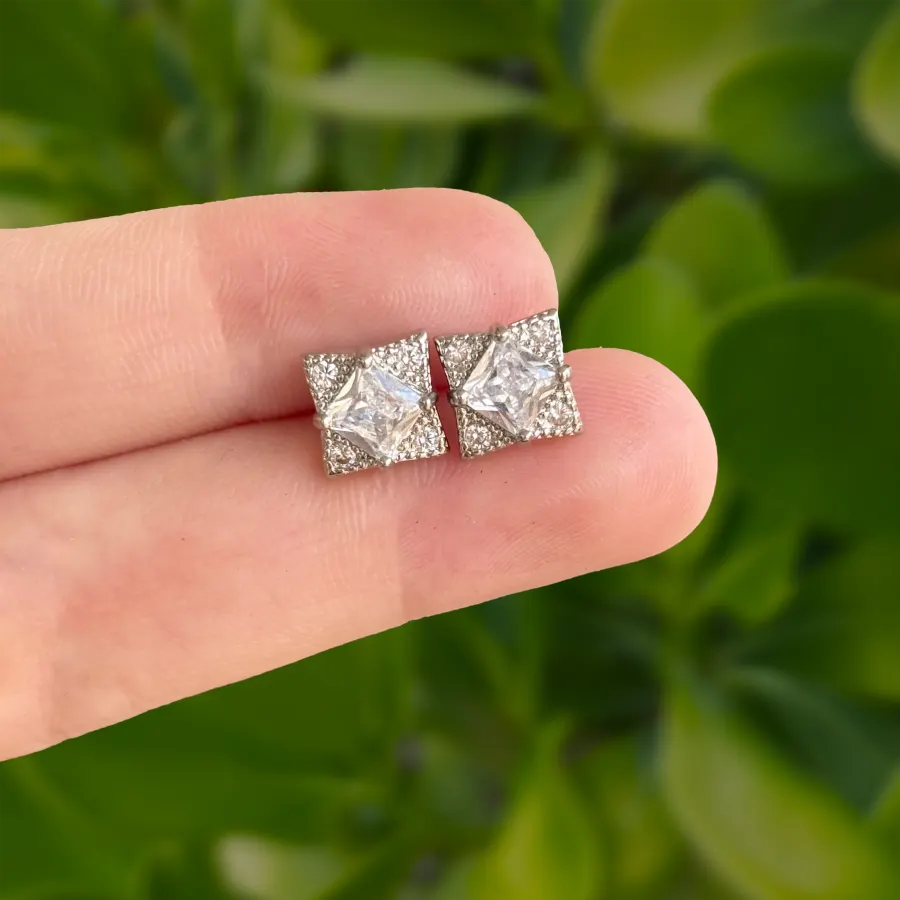 Aretes Plateados Cuadrado con Zirconia Chapa de Oro