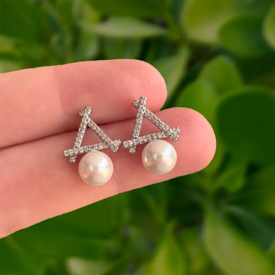 Aretes Plateados de Zirconias y Perlitas Chapa de Oro