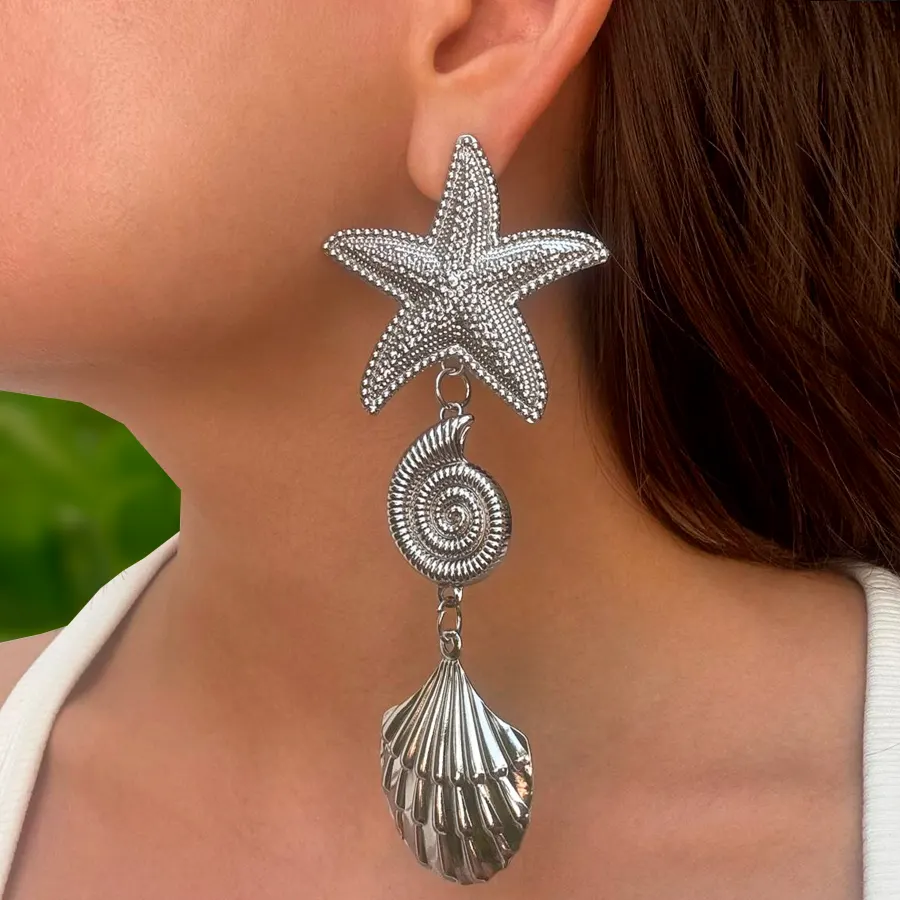 Aretes Plateados Gran Estrella Concha Caracol