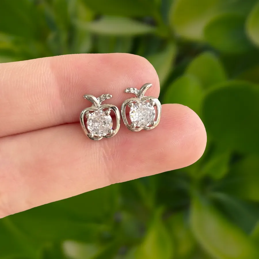 Aretes Plateados Manzana con Zirconia Chapa de Oro