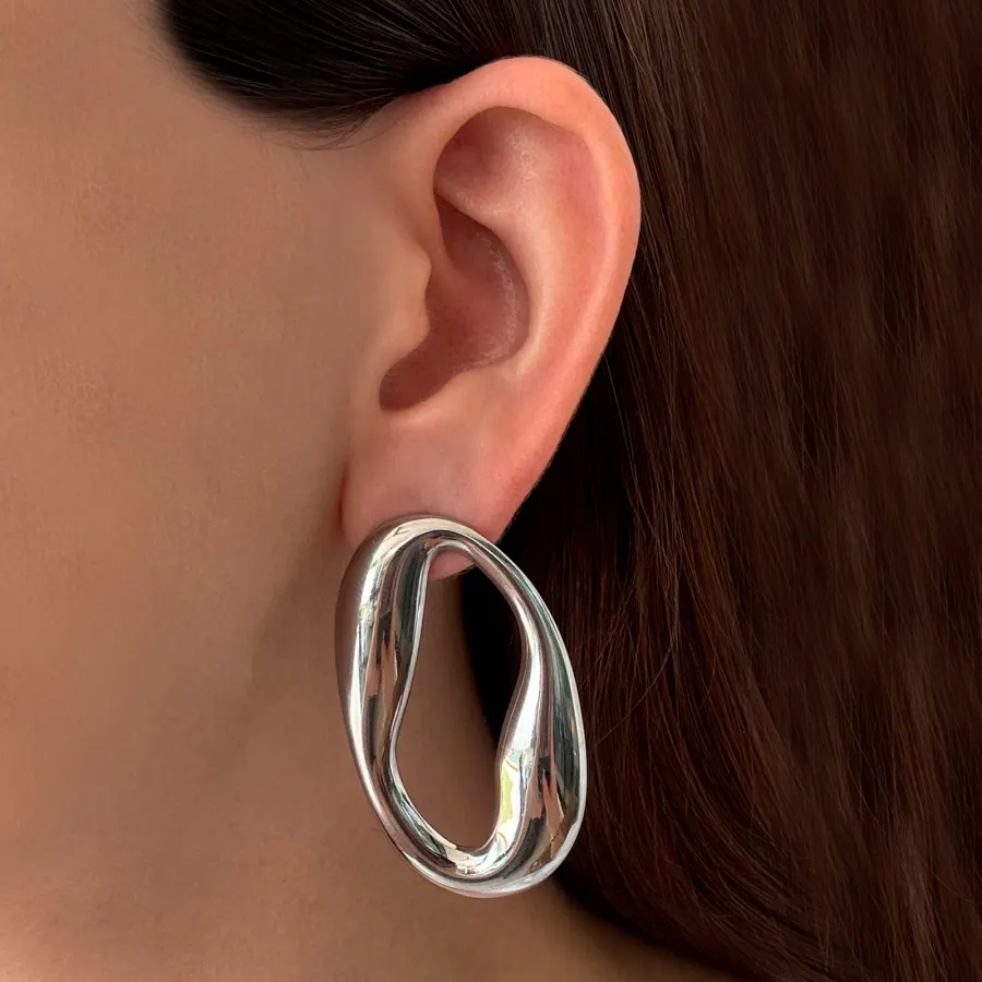 Aretes Plateados Ovalo Irregular Acero Inoxidable