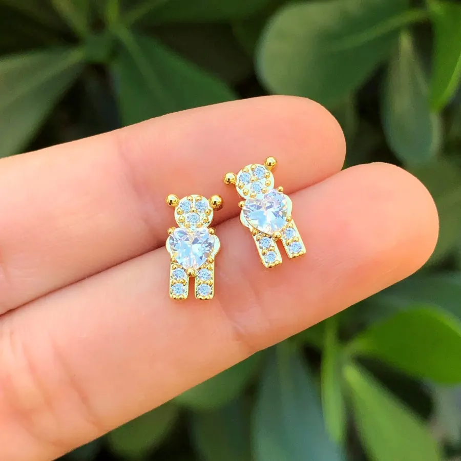 Aretes Zirconias Osito Chapa de Oro