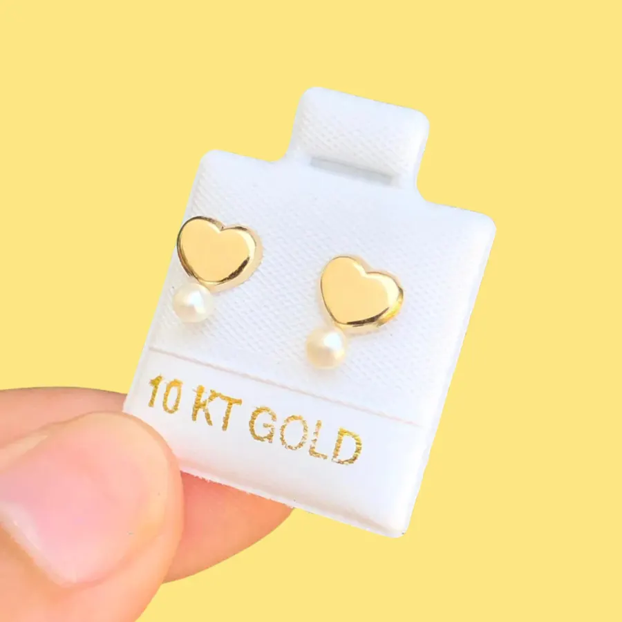 Broqueles Oro 10K Corazon Perla