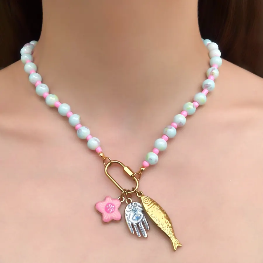 Collar Bolas Pez Flor Mano Acero de Titanio