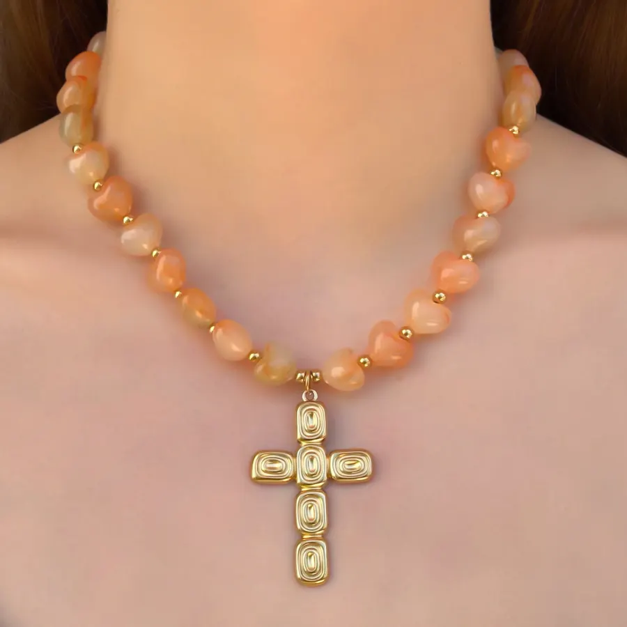Collar Naranja Cruz Vidrio Acero Inoxidable