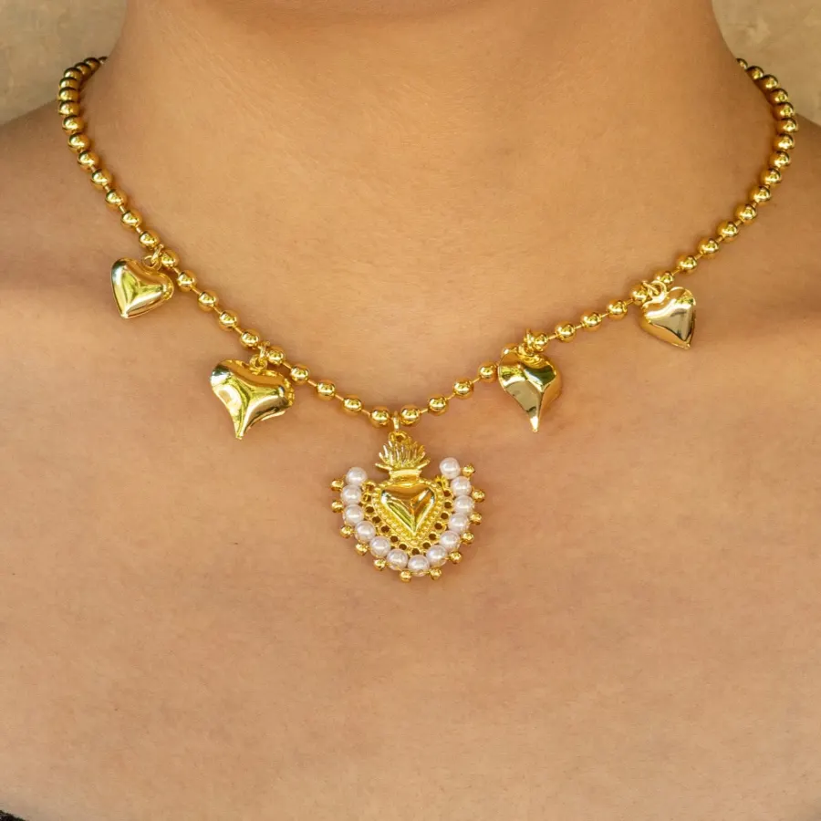 Collar Corazones y Perlas Dorado Chapa de Oro