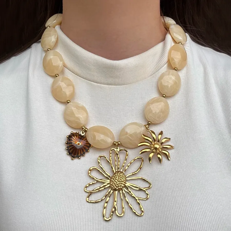 Collar Cuentas y Gran Flor Acero Inoxidable