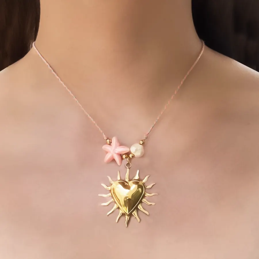 Collar Hilo Rosa Corazon Acero Inoxidable