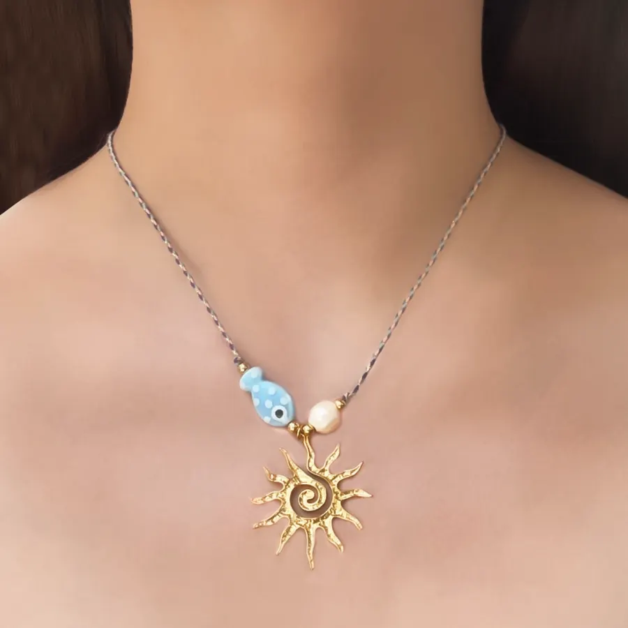 Collar Azul Hilo Sol Pez Perla Acero Inoxidable