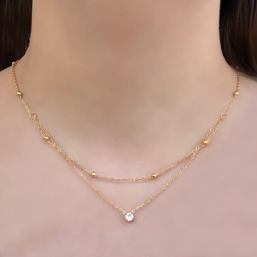 Collar Dorado Doble Bolitas y Zirconia Acero Inoxidable
