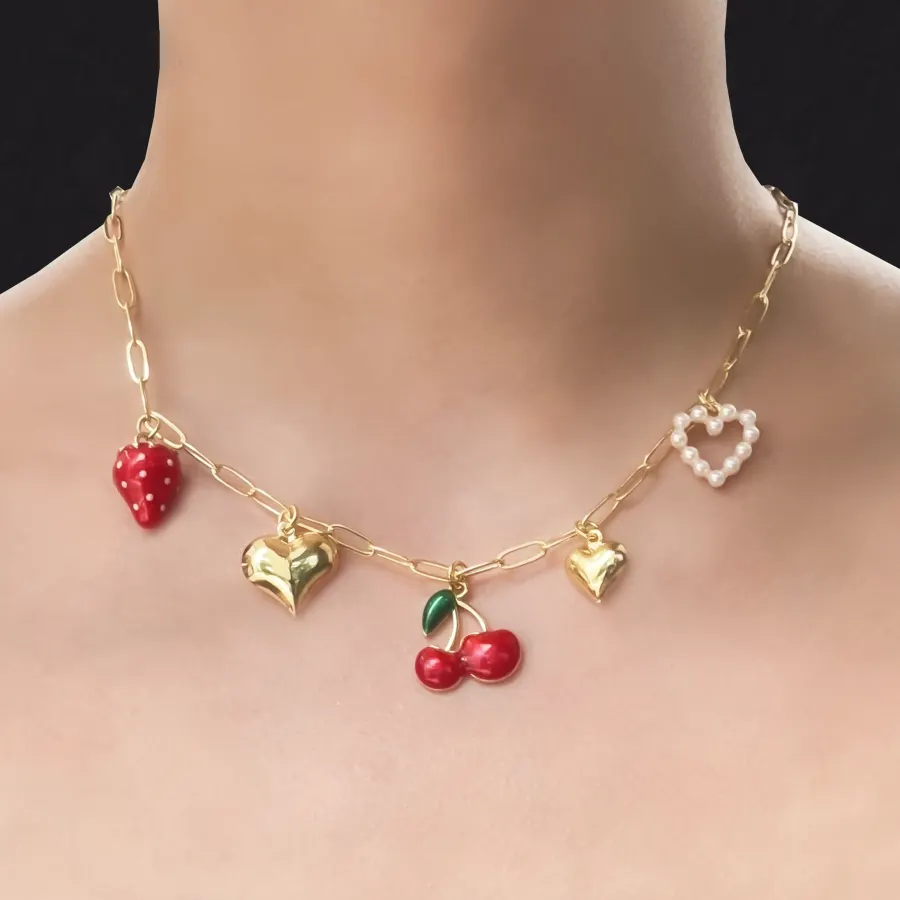 Collar Dorado Charms Fresa Cereza Corazón Acero Inoxidable