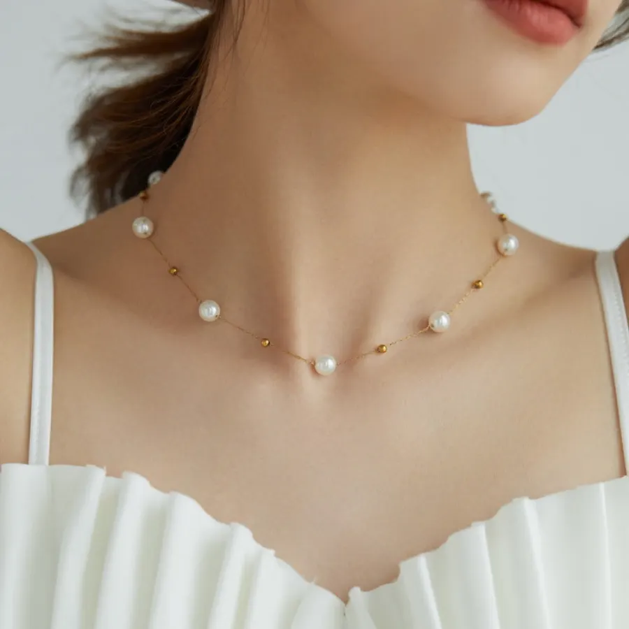Collar Dorado Perlitas Acero Inoxidable