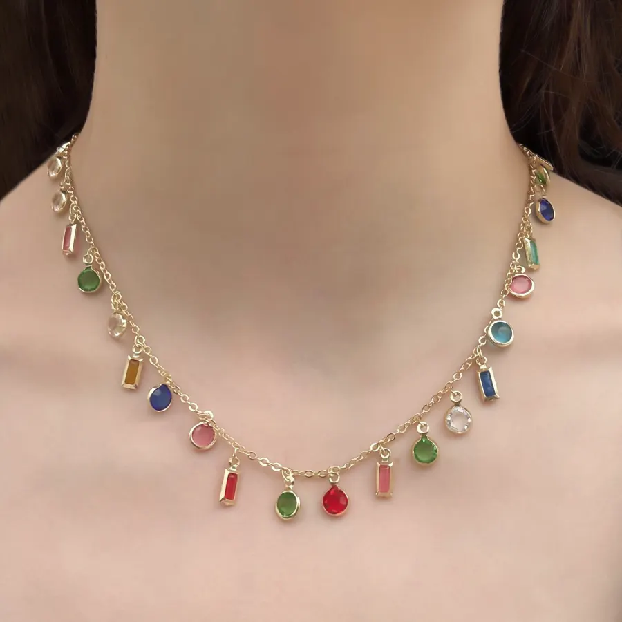 Collar Dorado Cristales de Colores Chapa de Oro