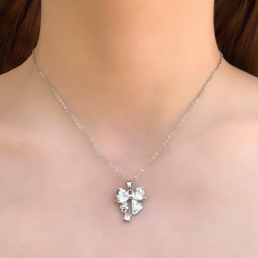 Collar Plateado Lacito Zirconias Acero Inoxidable