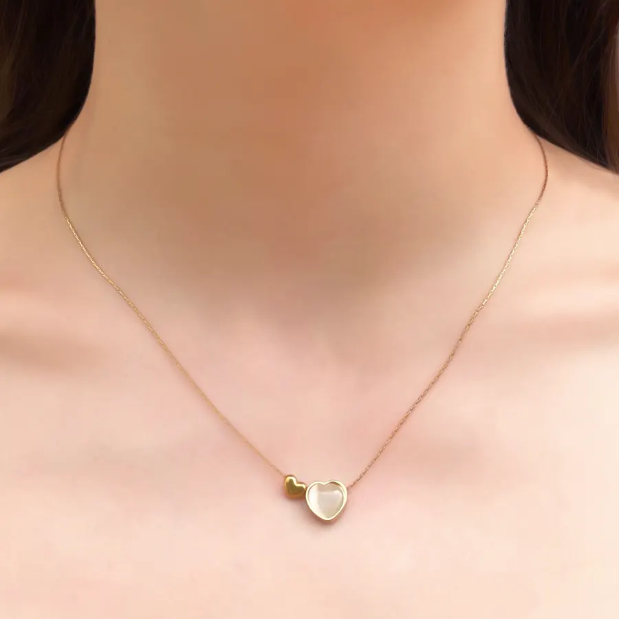 Collar Dorado Doble Corazon Concha Nacar Acero Inoxidable