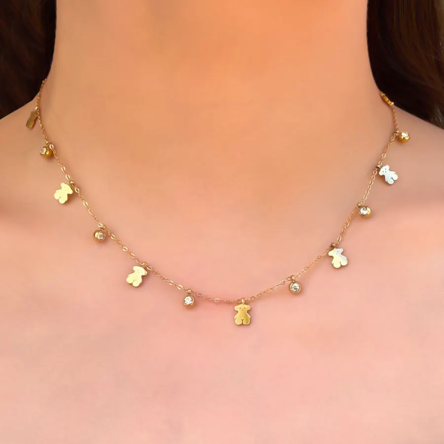 Collar Dorado Ositos y Zirconias Acero Inoxidable