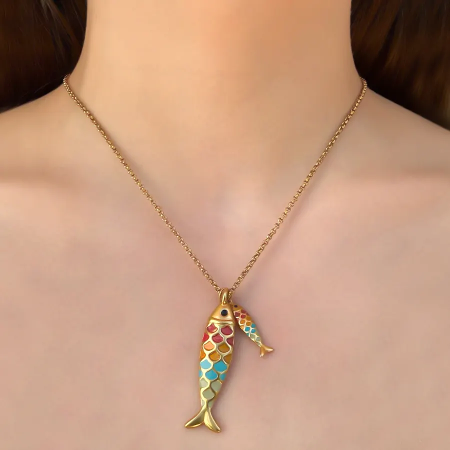 Collar Dorado Pescados de Colores Acero Inoxidable