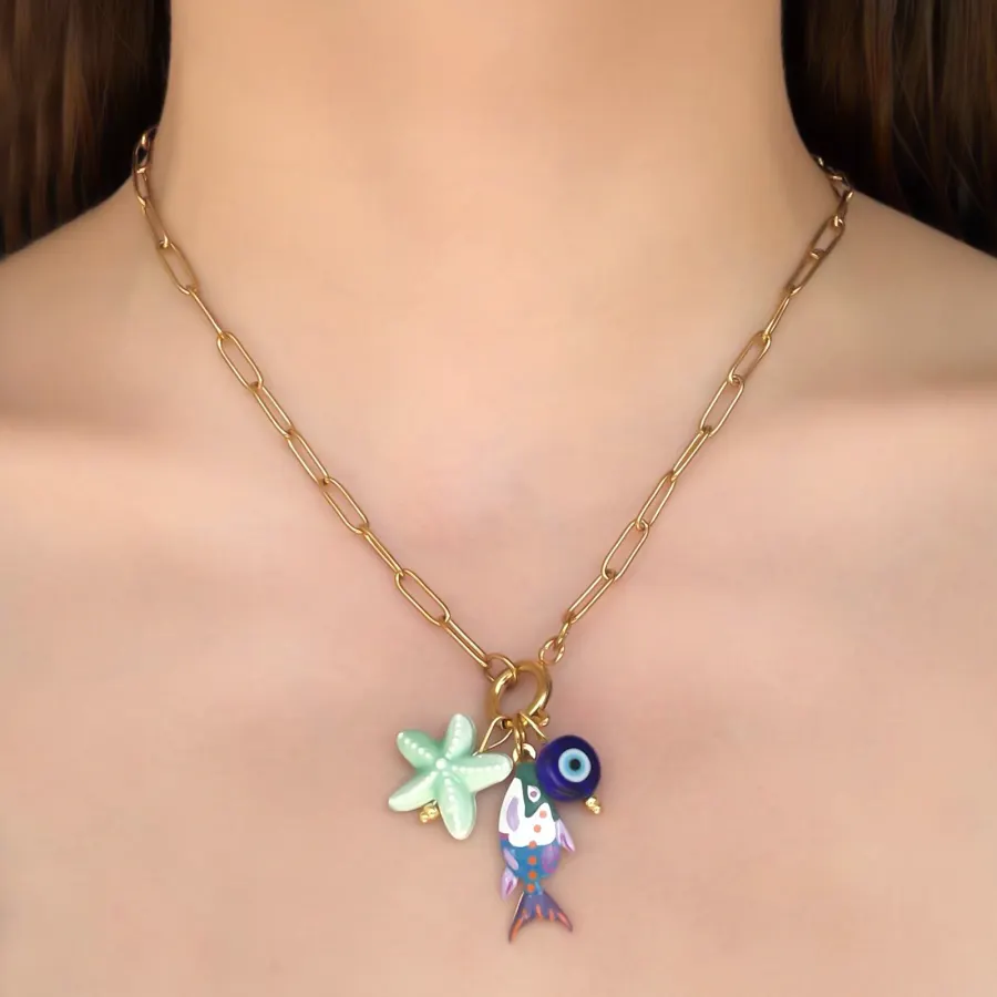Collar Dorado Pez Estrella Verde Acero Titanio