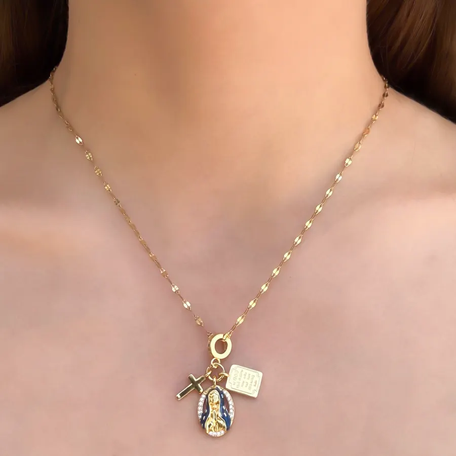 Collar Dorado Virgen Medalla Cruz  Acero de Titanio