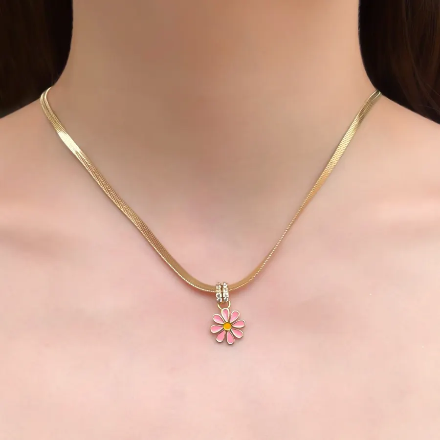 Collar Dorado Flor Rosa Chapa de Oro