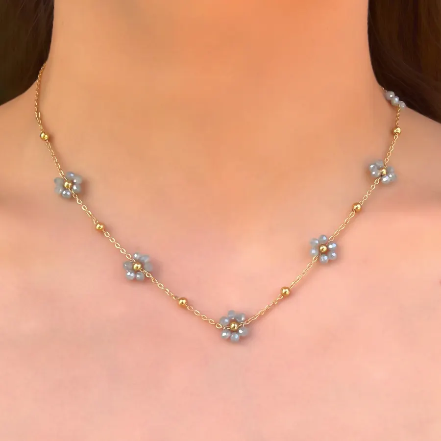 Collar Flores de Cristal  Acero Inoxidable