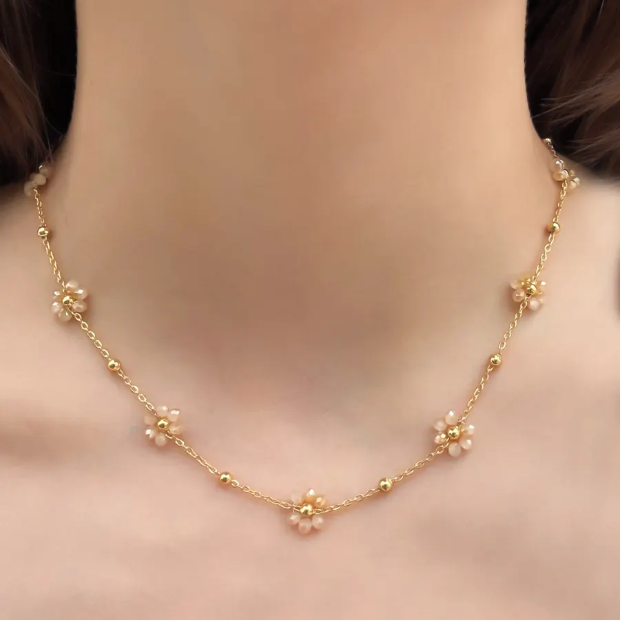 Collar Flores de Cristal Champan Acero Inoxidable