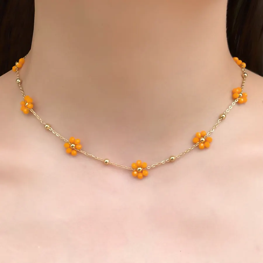 Collar Naranja Flores de Cristal Acero Inoxidable