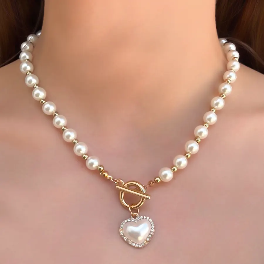 Collar Dorado Perlas Corazon Brillante
