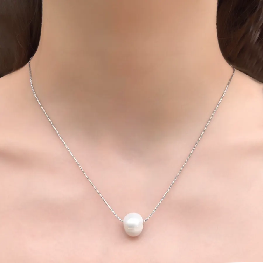 Collar Plateado Perla Blanca  1xx1