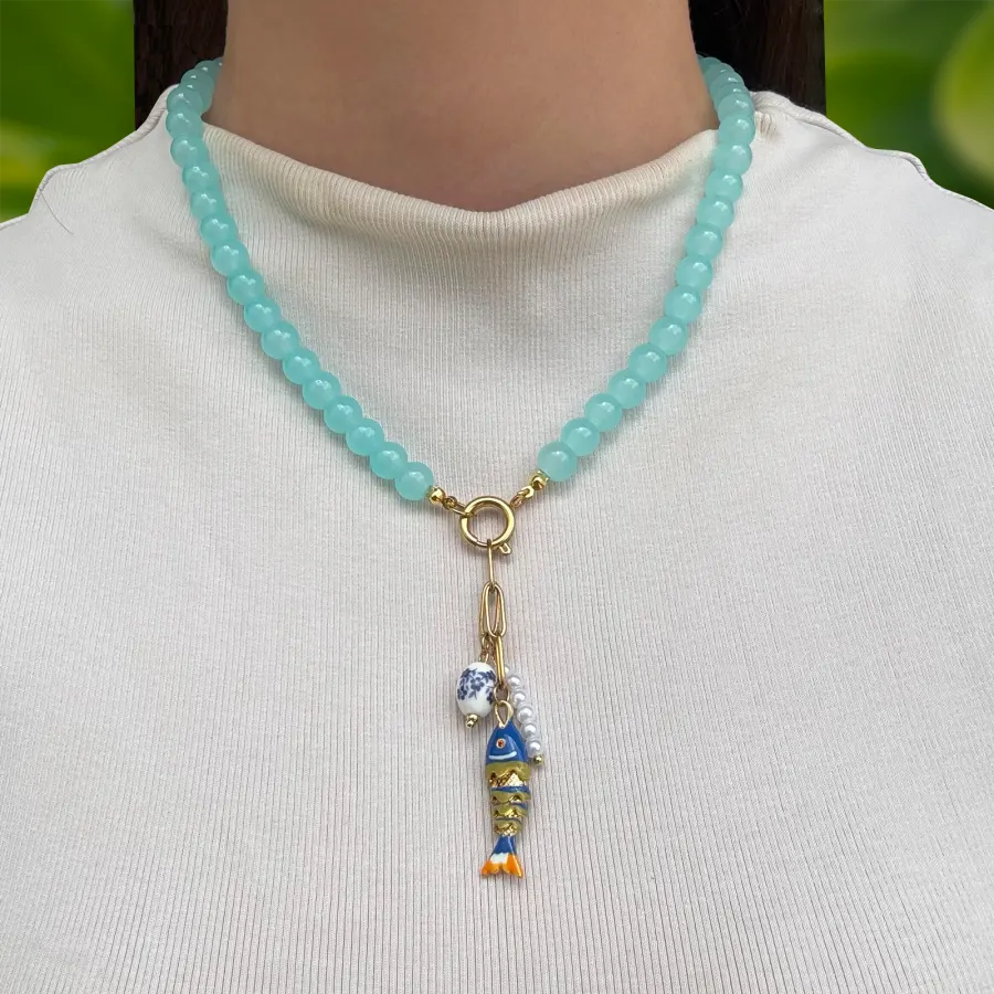 Collar Aqua Pez Bolitas Vidrio y Acero Inoxidable