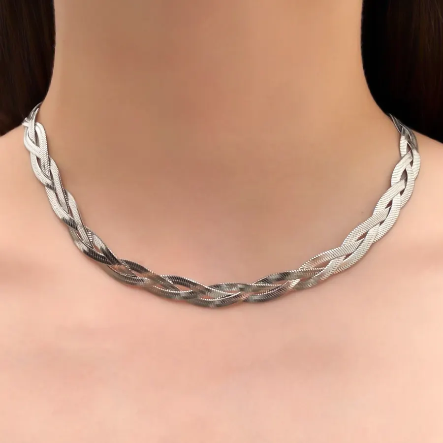 Collar Trenzado Plateado Acero Inoxidable