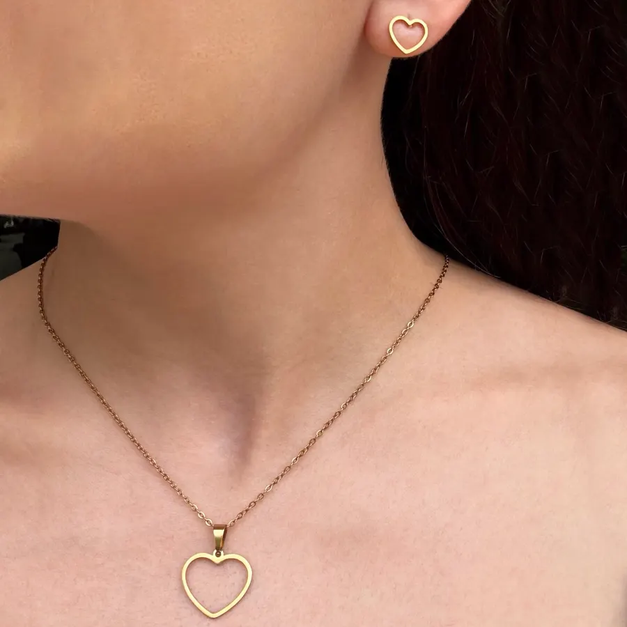 Collar y Aretes Corazon Dorado Acero Inox