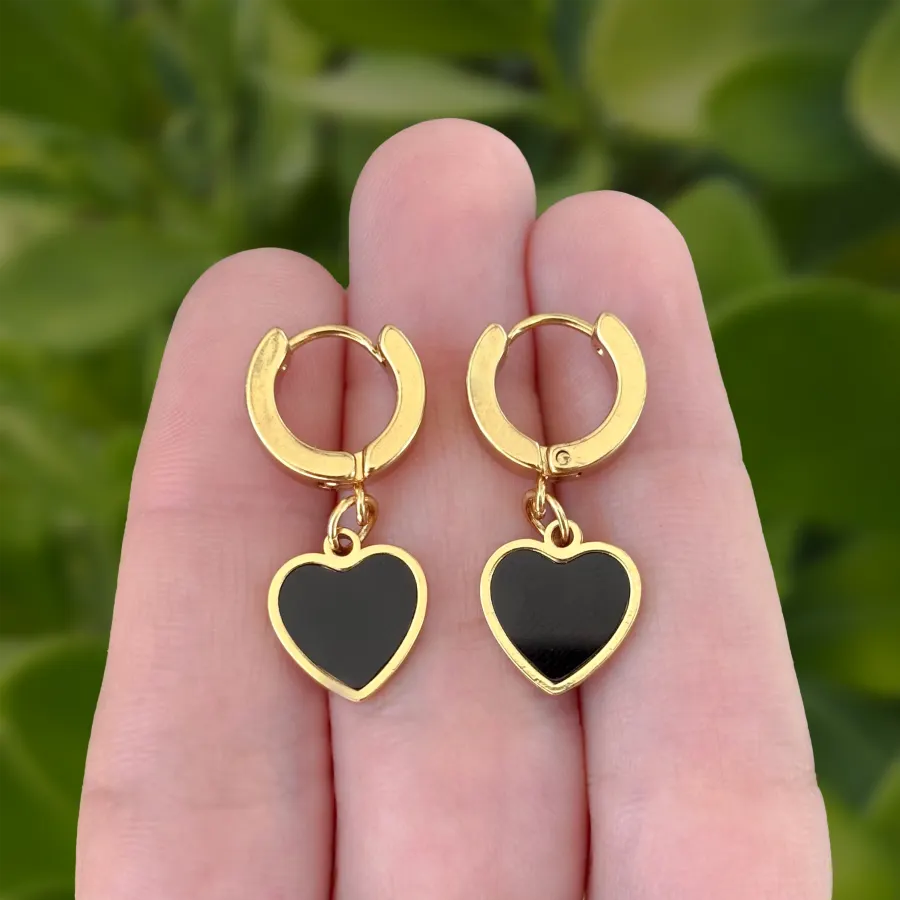 Aretes Negros Corazon Acero Inoxidable